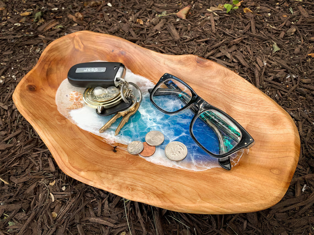 Carved Wood Resin Ocean Beach Art Bowl with Sea Shell & Starfish, 12x8