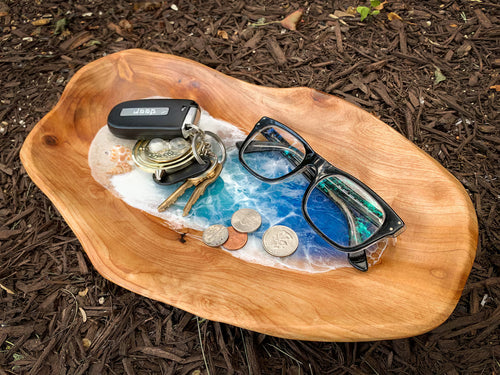 Carved Wood Resin Ocean Beach Art Bowl with Sea Shell & Starfish, 12x8