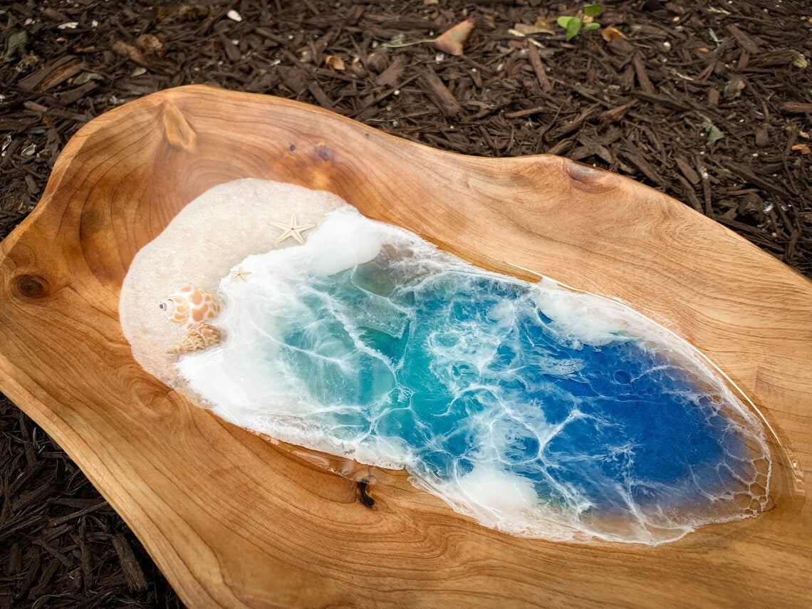 Carved Wood Resin Ocean Beach Art Bowl with Sea Shell & Starfish, 12x8