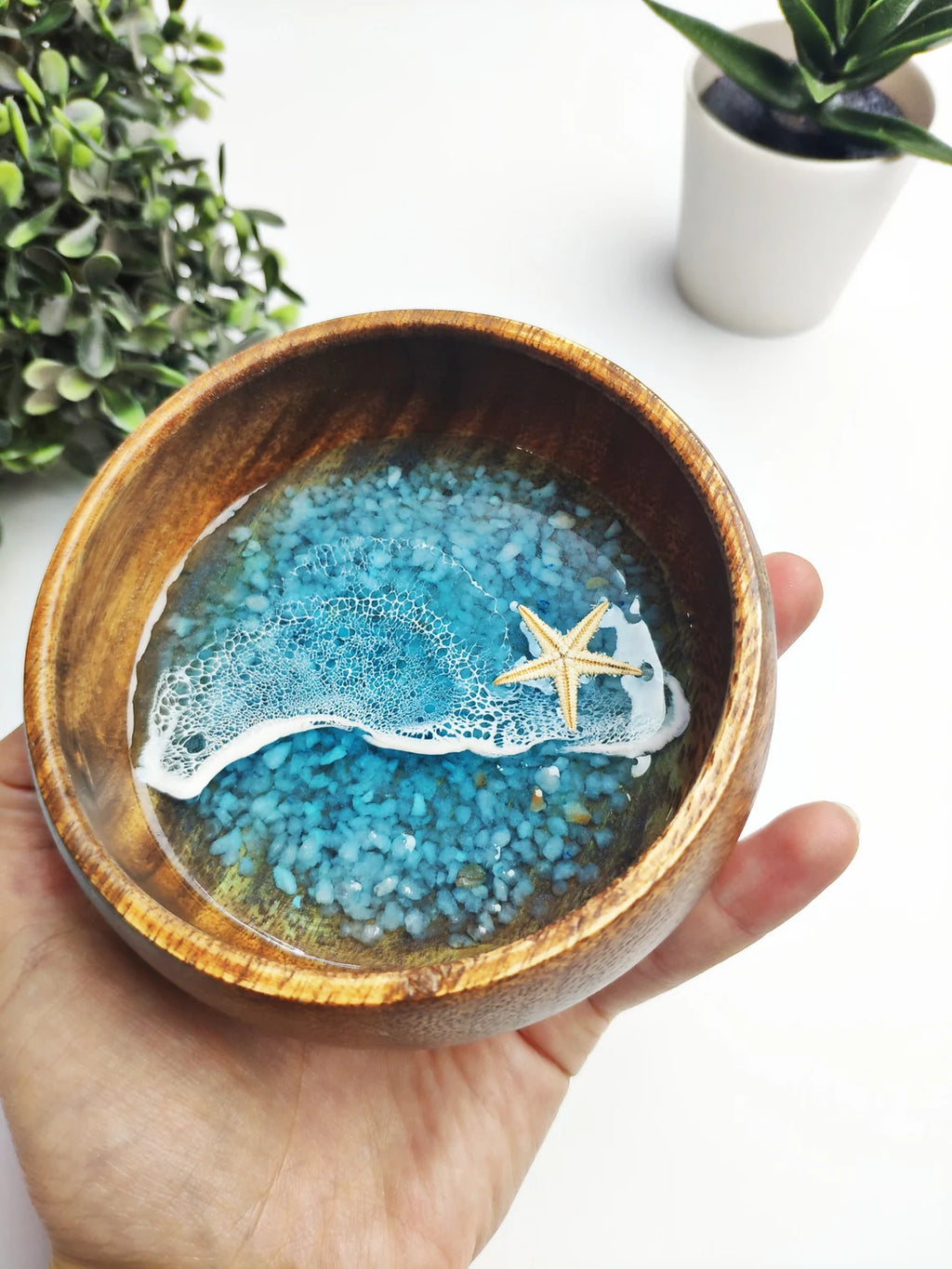 Acacia Wood Ocean Resin Bowl | Coastal Beach House Decor, Bestie Gift