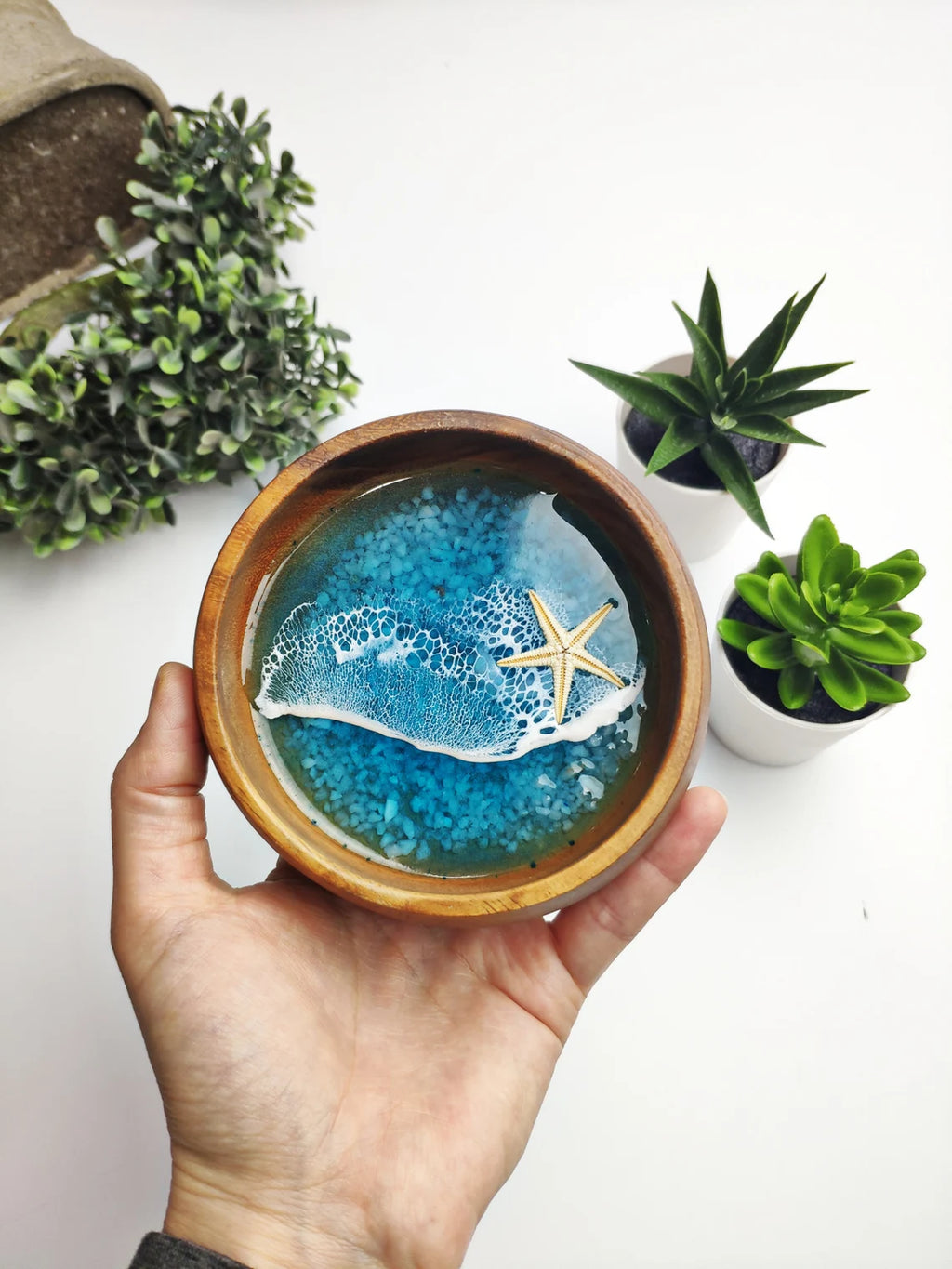 Acacia Wood Ocean Resin Bowl | Coastal Beach House Decor, Bestie Gift