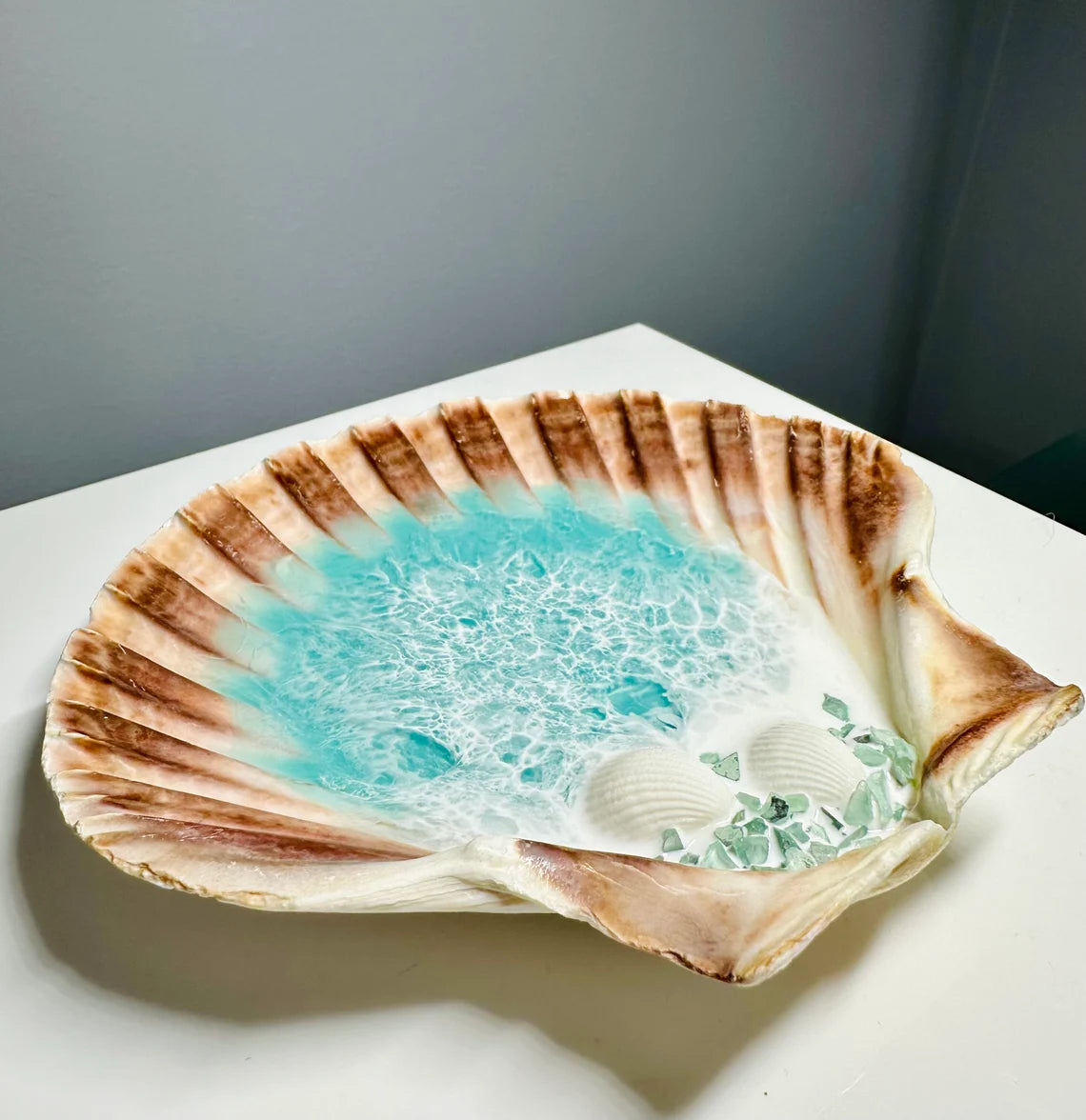 Handmade Ocean Shell Resin Ring Dish | Beach Home Decor, 5.5x6"