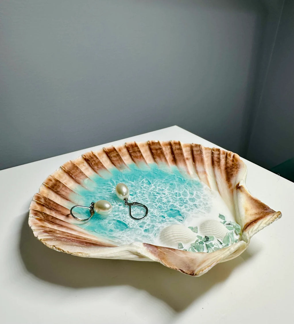 Handmade Ocean Shell Resin Ring Dish | Beach Home Decor, 5.5x6"