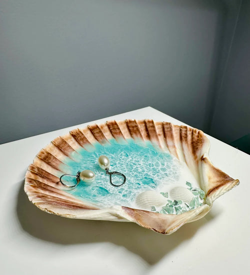 Handmade Ocean Shell Resin Ring Dish | Beach Home Decor, 5.5x6"