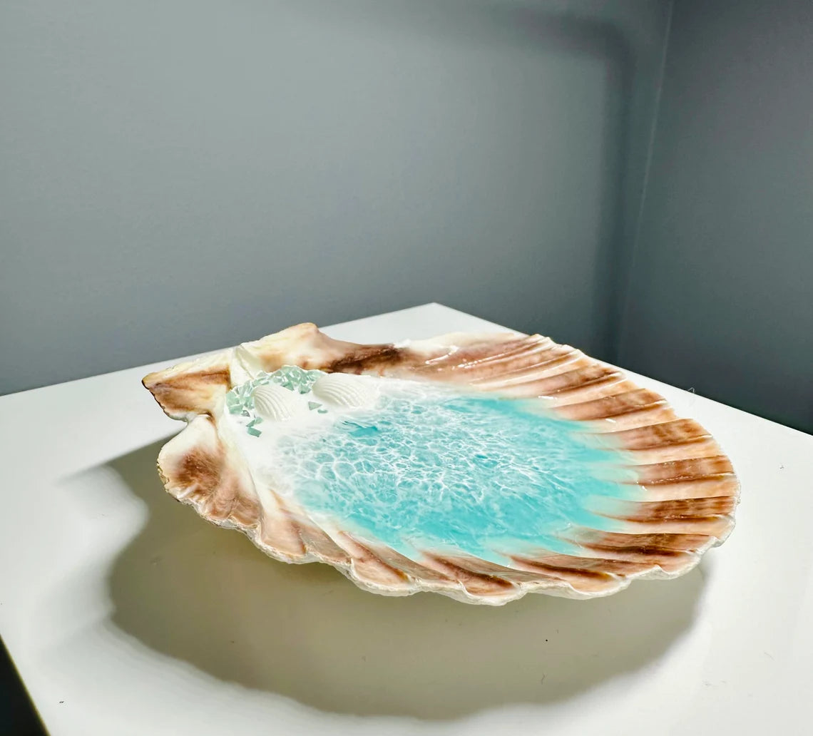 Handmade Ocean Shell Resin Ring Dish | Beach Home Decor, 5.5x6"