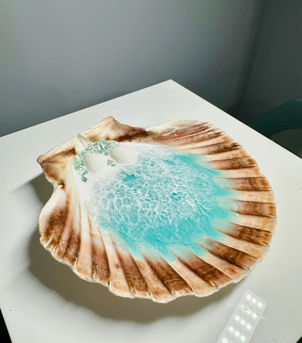 Handmade Ocean Shell Resin Ring Dish | Beach Home Decor, 5.5x6"