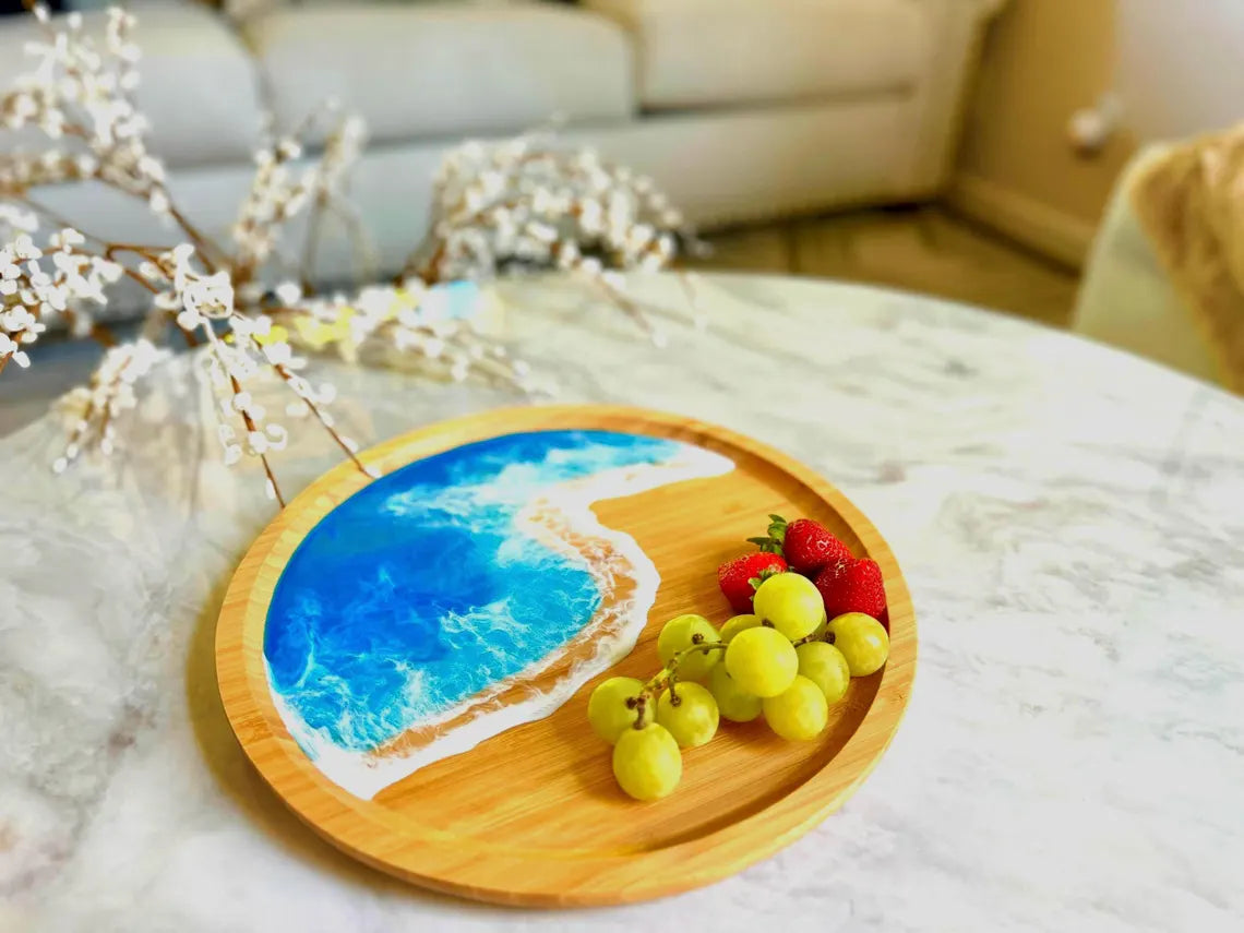 Round Coastal Bamboo Serving Tray 12" | Wooden Ocean Beach Home Decor, Housewarming Gift for Beach Lovers