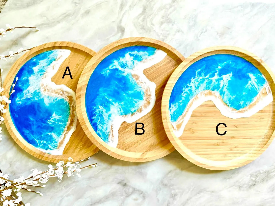 Round Coastal Bamboo Serving Tray 12" | Wooden Ocean Beach Home Decor, Housewarming Gift for Beach Lovers