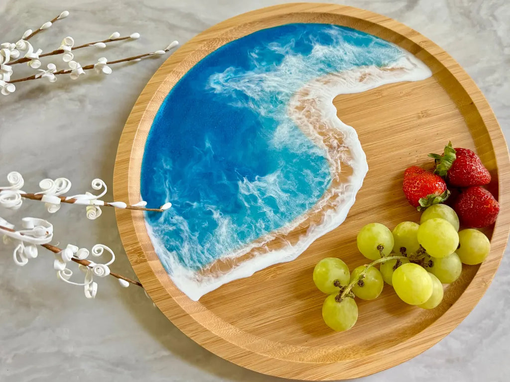 Round Coastal Bamboo Serving Tray 12" | Wooden Ocean Beach Home Decor, Housewarming Gift for Beach Lovers
