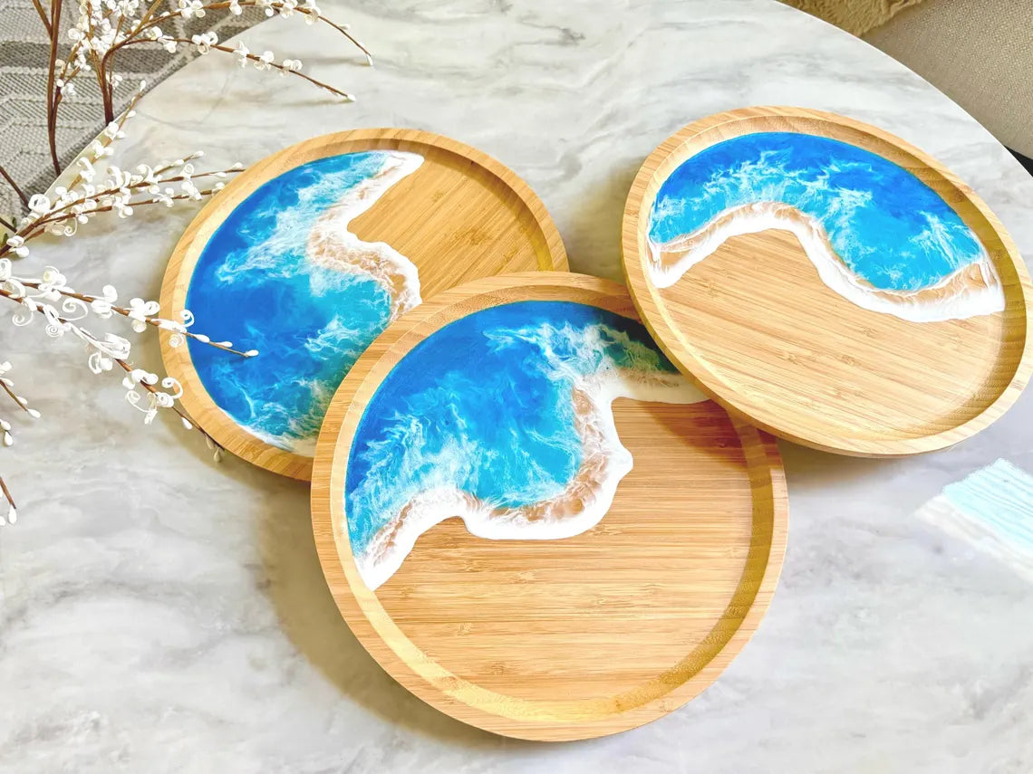 Round Coastal Bamboo Serving Tray 12" | Wooden Ocean Beach Home Decor, Housewarming Gift for Beach Lovers